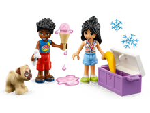 Load image into Gallery viewer, LEGO Friends Beach Buggy Fun set 41725 with LEGO characters enjoying ice cream and a puppy beside a treasure chest