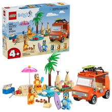 Load image into Gallery viewer, Bluey's Family Car Trip LEGO kit 11202 featuring a beach scene with car, palm trees, and characters