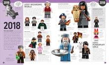 Load image into Gallery viewer, LEGO minifigure history book showcasing various minifigures from LEGO Wizarding World and Powerpuff Girls