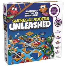 Load image into Gallery viewer, Happy Snakes and Ladders Unleashed board game with colourful twist design and game pieces