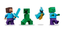 Load image into Gallery viewer, LEGO 21275: Minecraft: The TNT Jungle House characters including Steve, a Creeper, and a Parrot figure