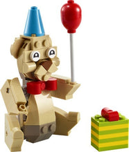 Load image into Gallery viewer, LEGO Birthday Bear polybag build featuring a tan bear with a blue party hat and red balloon next to a green and yellow gift box