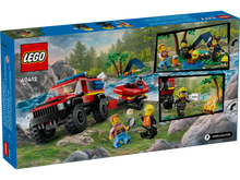 Load image into Gallery viewer, LEGO City 4x4 Fire Truck set 60412 featuring a fire truck and characters in a scenic campsite setting