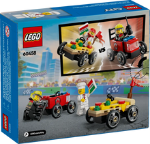 Load image into Gallery viewer, LEGO City Pizza vs Fire Truck Race Car Pack boxed set by Brick Shack featuring pizza chef and firefighter minifigures with race cars