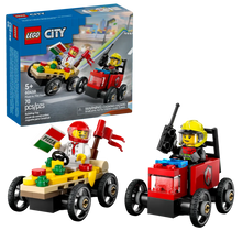 Load image into Gallery viewer, LEGO City Pizza vs Fire Truck Race Car Pack with two mini figures and racing vehicles by Brick Shack