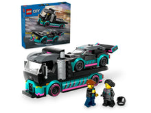 Load image into Gallery viewer, LEGO City race car set by Brick Shack featuring a race car transporter, sports car, and two minifigures