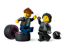 Load image into Gallery viewer, LEGO City race car set featuring two minifigures with racing helmets and tyres from Brick Shack