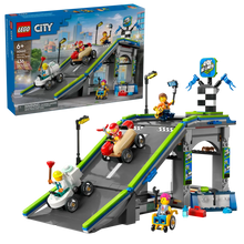 Load image into Gallery viewer, LEGO City race car track set by Brick Shack with race cars, ramps, and minifigures in boxed set
