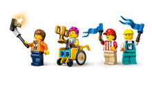 Load image into Gallery viewer, LEGO City race car track set minifigures from Brick Shack including racer and race officials with flags and trophy