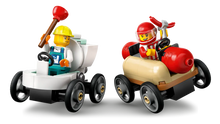 Load image into Gallery viewer, LEGO City race car track set featuring two mini-figures driving custom vehicles with racing helmets and accessories