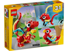 Load image into Gallery viewer, LEGO Creator 3-in-1 Red Dragon set with buildable dragon, parrot and fish models for creative play