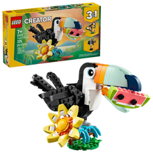 Load image into Gallery viewer, LEGO Creator 3 in 1 Tropical Toucan set 31173 with vibrant colours and flower base, showcasing creativity in building.