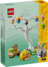 Load image into Gallery viewer, LEGO Easter Bunny set with white tree holding colourful eggs and buildable bunny and chick figures