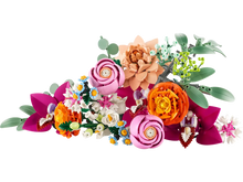 Load image into Gallery viewer, Colourful LEGO flower bouquet set with detailed pink, orange, and white flowers and green leaves on a black background