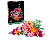 Load image into Gallery viewer, LEGO flower bouquet set with pink and orange flowers and green leaves displayed next to boxed set packaging