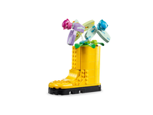 Load image into Gallery viewer, LEGO Flowers in Watering Can set by Brick Shack featuring yellow boot with colourful flowers on black background