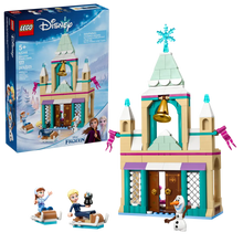 Load image into Gallery viewer, LEGO Frozen Arendelle Castle set 43265 featuring characters Anna, Elsa, and Olaf with detailed building pieces