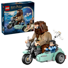 Load image into Gallery viewer, LEGO Harry Potter Hagrid set featuring Hagrid and Harry riding a motorcycle with sidecar and Hedwig the owl