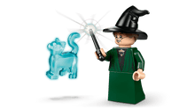 Load image into Gallery viewer, LEGO Harry Potter Sorting Hat Ceremony set 76460 featuring a wizard with a wand and a blue cat figure