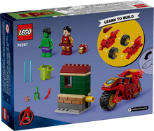 Load image into Gallery viewer, LEGO Iron Man and Hulk set featuring mini figures, motorcycle and building instructions on the box