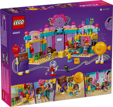 Load image into Gallery viewer, Brick Shack boxed LEGO Friends Heartlake City Candy Store set showing colourful storefront with minifigures and accessories