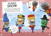 Load image into Gallery viewer, LEGO magical ideas book page showing colourful LEGO puppet characters including wizard princess king and witch for creative play