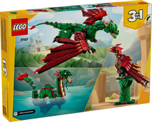 Load image into Gallery viewer, LEGO medieval dragon set 3in1 boxed set featuring green and red dragon models and castle background