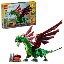 Load image into Gallery viewer, LEGO medieval dragon set Creator 3in1 boxed set featuring green and red buildable dragon with accessories