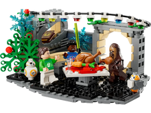 Load image into Gallery viewer, LEGO Millennium Falcon Holiday Diorama with Star Wars characters enjoying a festive meal with holiday decorations