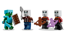Load image into Gallery viewer, LEGO Minecraft Illager set featuring four minifigures with weapons and shield on black background