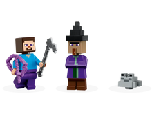Load image into Gallery viewer, LEGO Minecraft Pumpkin Farm set 21248 featuring Steve, a witch, and a silverfish character figures