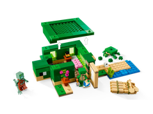 Load image into Gallery viewer, LEGO Minecraft Turtle Beach House set with green turtle-shaped house and character figures