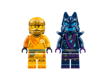 Load image into Gallery viewer, Two LEGO Ninjago Arin's Battle Mech minifigures, one in yellow ninja outfit and one in dark wolf warrior costume