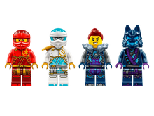 Load image into Gallery viewer, LEGO Ninjago Kai's Fire Mech set minifigures including Kai, a white ninja, and two blue-armoured characters
