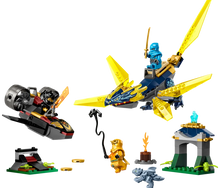 Load image into Gallery viewer, Nya and Arin's Dragon Battle LEGO Brick Shack boxed set with blue dragon gold wings minifigures and temple playset