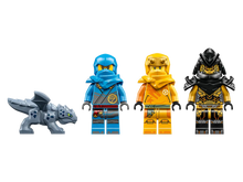 Load image into Gallery viewer, Brick Shack Nya and Arin's Dragon Battle LEGO boxed set minifigures and baby dragon on black background