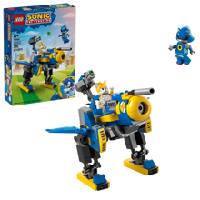 Load image into Gallery viewer, LEGO Sonic the Hedgehog set featuring Tails and Sonic minifigures with a buildable mech on black background