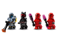 Load image into Gallery viewer, LEGO Star Wars Paz Vizsla set minifigures including Mandalorian warriors with detailed armour and weapons