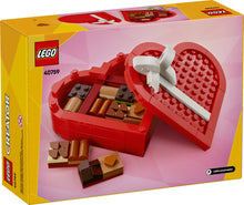 Load image into Gallery viewer, LEGO Valentine's Day gift set red heart-shaped box with chocolate pieces and white bow decoration