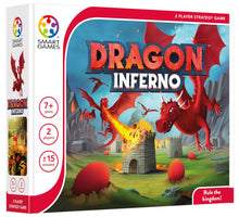 Load image into Gallery viewer, Smart Dragon Inferno board game puzzle with red dragon breathing fire and fantasy castle scene