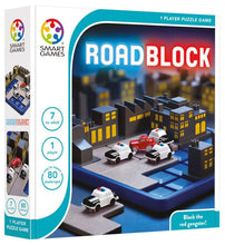 Load image into Gallery viewer, Smart Roadblock puzzle game box featuring a city blockade with police cars and red gangster car