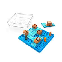 Load image into Gallery viewer, Smart Cats & Boxes puzzle game with a blue grid board, small cat figurines, and cardboard boxes