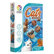 Load image into Gallery viewer, Smart Cats & Boxes puzzle game box featuring cats playing with boxes on a blue puzzle board