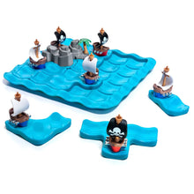 Load image into Gallery viewer, Smart Pirates Crossfire puzzle game with pirate ships and blue wave game board pieces