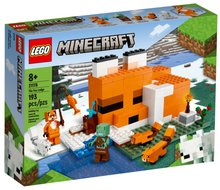 Load image into Gallery viewer, Brick Shack LEGO Minecraft Fox Lodge set box showing orange fox lodge build with fox figures on snowy landscape