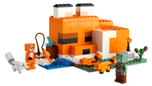 Load image into Gallery viewer, LEGO Minecraft Fox Lodge set by Brick Shack showing orange fox lodge build with minifigures and animals