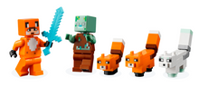 Load image into Gallery viewer, Brick Shack LEGO Minecraft Fox Lodge set featuring four minifigures including player with diamond sword, zombie and three foxes