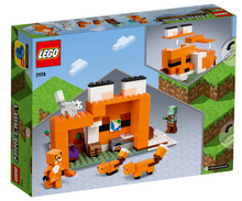 Load image into Gallery viewer, LEGO Minecraft Fox Lodge set boxed toy by Brick Shack showing orange fox lodge with fox figures and rabbit