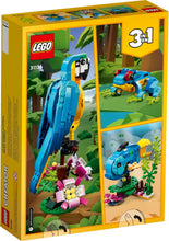 Load image into Gallery viewer, Brick Shack boxed LEGO Creator 3-in-1 Exotic Parrot set showing blue parrot frog and fish tropical builds
