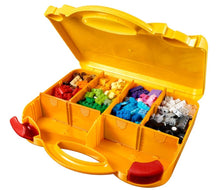Load image into Gallery viewer, Open yellow LEGO 10713 creative suitcase with organised colourful LEGO bricks in compartments